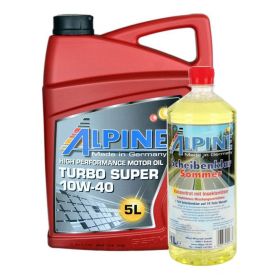 Комплект моторное масло ALPINE 10W-40 Turbo Super SHPD 5л + омыватель стекла Scheibenklar Sommer 1л