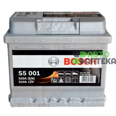 Автомобільний акумулятор BOSCH S5001 6СТ-52Ah АзЕ 520A (EN) 0092S50010
