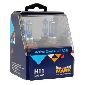 Автолампа МАЯК Active Crystal +130% комплект (PGJ19-2, H11, 4000K, 12V, 55W) MK 72110AC+130