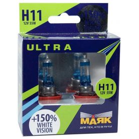 Автолампа МАЯК Ultra White Vision +150% комплект (PGJ19-2, H11, 12V, 55W) MK 82110WV+150