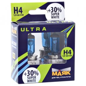 Автолампа МАЯК Ultra Super White +30% комплект (P43t, H4, 12V, 60/55W) MK 82420SW+30